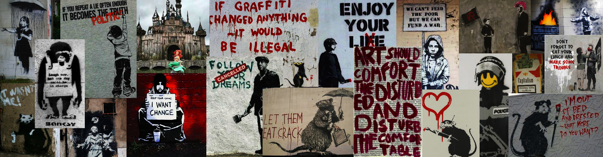 banner containing a collage of graffiti artist banksy's artworks